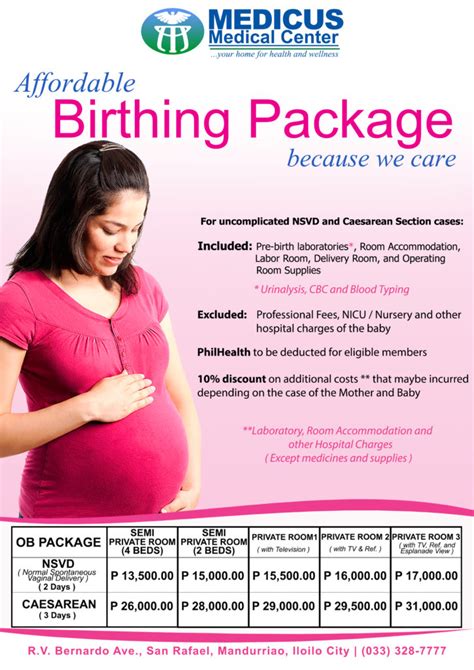 Maternity Package Price List: Normal and Caesarean Rates.